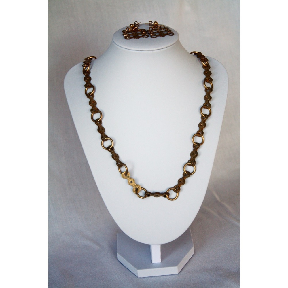 Steampunk  Handmade ARTISAN Hammered  Brass NECKLACE & EARRINGS Bike link ~